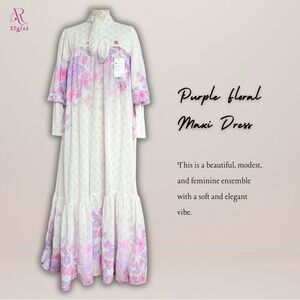 NWT Purple Floral Maxi Dress with Tie Neck